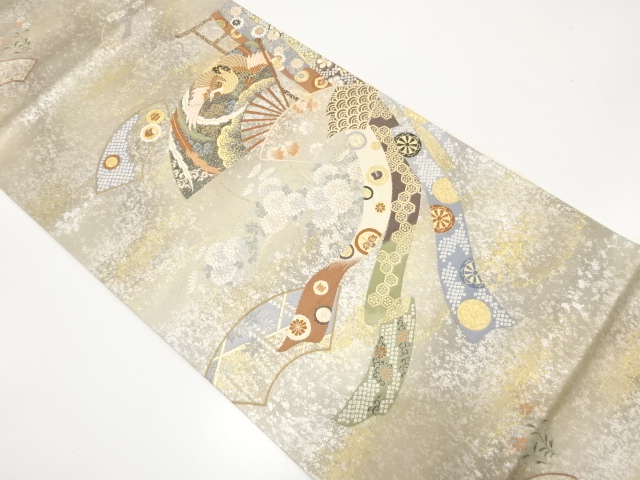 引箔　扇に几帳・鳳凰・草花模様織り出し　袋帯